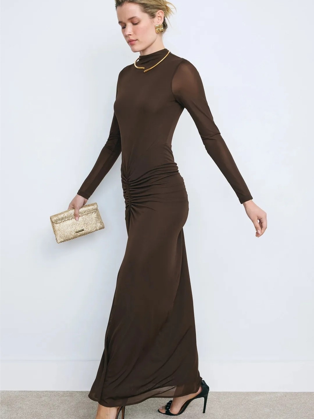 RONNY KOBO MOCK NECK RUCHED DRESS SIZE L MSRP $425 - Picture 3 of 13